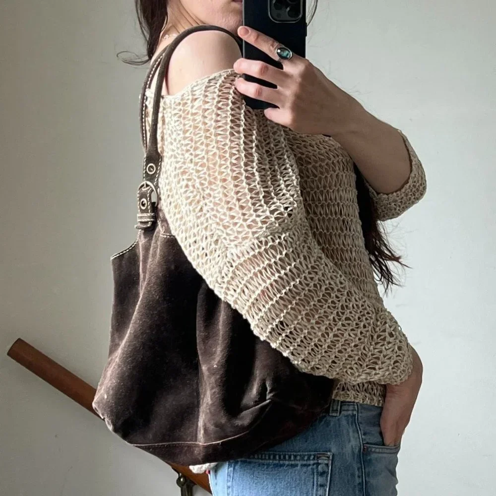Vintage 90s Brown Suede Slouchy Hobo Grommet Leather Shoulder Bag Purse - Picture 3 of 7